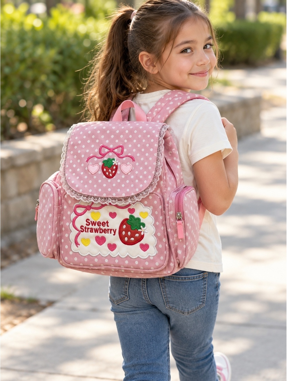 Pink Polka Dot Kids Backpack with Sweet Strawberry Design and Multiple Pockets